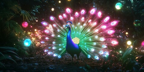 A peacock with iridescent feathers in a dark forest with
