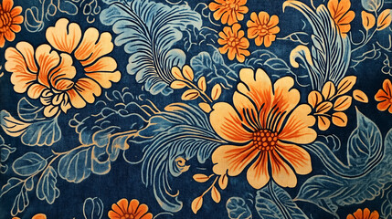 A blue and orange floral patterned Batik