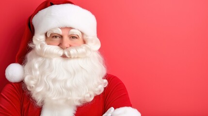 A smiling Santa Claus with a white beard stands in front of a red background.