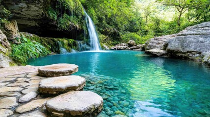 Naklejka premium Tranquil Waterfall Oasis Amidst Verdant Mountains - Serene Nature Landscape with Cascading Water Feature and Lush Foliage Reflections