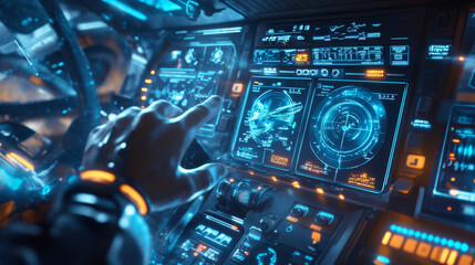 Depict a high-tech cockpit with digital displays, augmented reality controls, and advanced autopilot systems. Show the pilots interacting with holographic interfaces and real-time data displays.