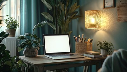 Fototapeta premium Laptop, Plants, and a Lamp on a Wooden Table