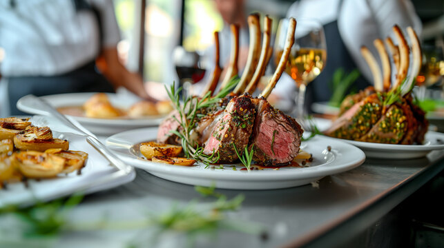 Rack of Lamb elegantly plated with herbs in upscale restaurant.