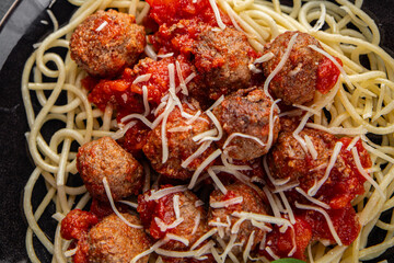 meatballs spaghetti tomato sauce meat fresh meal food snack on the table copy space foodbackground...