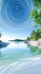 Obraz premium A serene lake under a starry sky, with swirls of water reflecting nature's beauty and tranquility in a peaceful landscape.