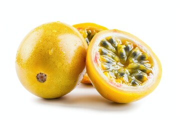 Yellow passion fruit with sliced levitate on white background