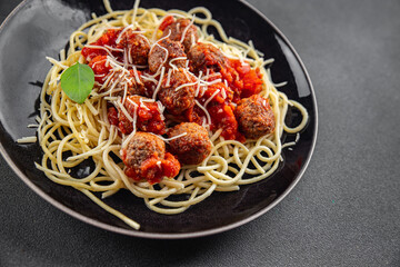 meatballs spaghetti tomato sauce meat fresh meal food snack on the table copy space foodbackground rustic top view