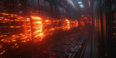 Naklejka premium Fiery streaks illuminate a dark futuristic corridor.