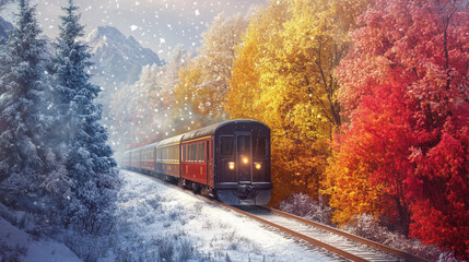 Fototapeta premium Depict a train traveling through different seasons, such as a snowy winter landscape, a blooming spring countryside, or a colorful autumn forest, highlighting the changing scenery of train journeys.