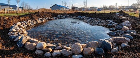 Fototapeta premium Stone Edged Pond in New Development