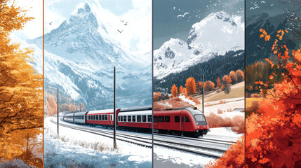 Depict a train traveling through different seasons, such as a snowy winter landscape, a blooming spring countryside, or a colorful autumn forest, highlighting the changing scenery of train journeys.