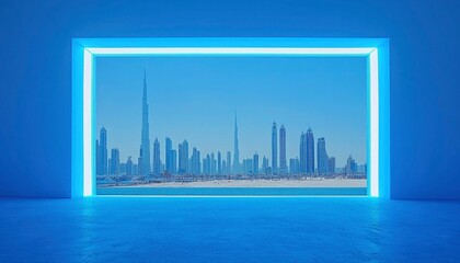 Obraz premium A Window View of the Dubai Skyline from a Blue Interior