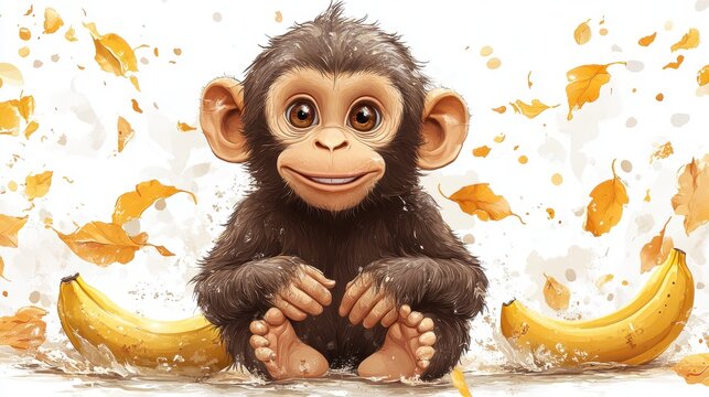 Playful monkey clipart with bananas on a white background