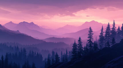 Obraz premium Soft pink and purple hues in early morning light over majestic mountain range, silhouette of trees on a ridge, dramatic sky and serene atmosphere - Generative AI