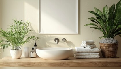 Fototapeta premium Modern Bathroom Interior with White Sink and Plants