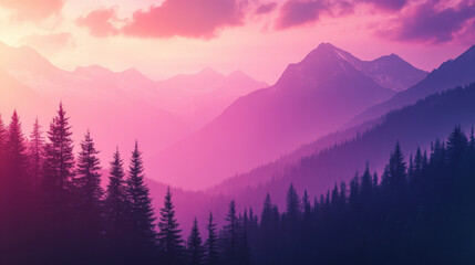 Obraz premium Soft pink and purple hues in early morning light over majestic mountain range, silhouette of trees on a ridge, dramatic sky and serene atmosphere - Generative AI