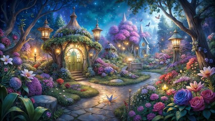 Charming enchanted garden path with whimsical houses, vibrant flowers and magical atmosphere