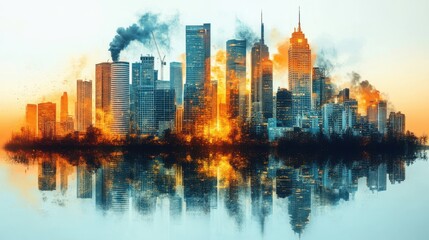 Fototapeta premium Pollution clipart with urban and natural environment impacts on a white background
