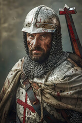 Naklejka premium Battle-worn Templar knight in chainmail and helmet
