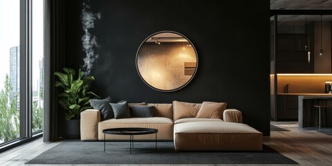 Modern living room with a couch, round mirror, and plant.