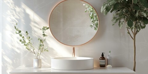 White bathroom vanity with round sink and mirror.