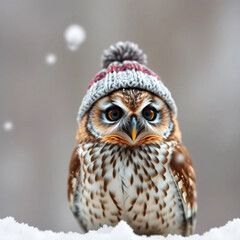 Obraz premium Little owl wearing a beanie hat in the snow 