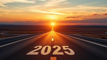 the road to success - 2025 year number on the asphalt, sunrise in the new year