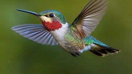 Fototapeta premium Ruby hummingbird in action, with a focus on its vivid red throat and iridescent wings on a white background