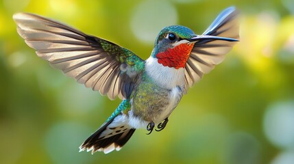 Obraz premium Ruby hummingbird in action, with a focus on its vivid red throat and iridescent wings on a white background