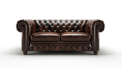 Elite loft interior with Chester-style dark brown leather sofa isolated on white background