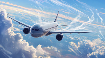 Obraz premium Depict an express flight experience, with an airplane soaring through the sky at high speed, leaving a trail of contrails. 