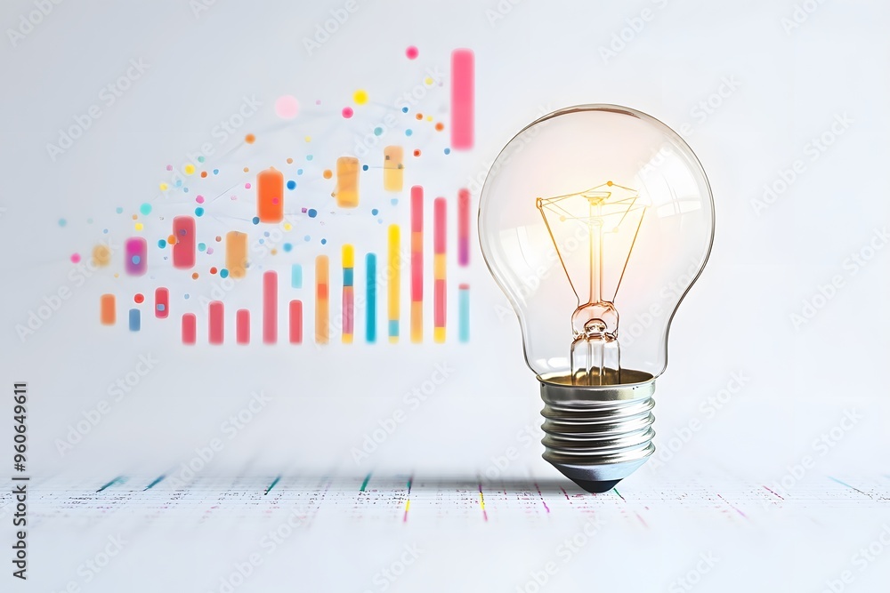 Poster illuminated light bulb with abstract colorful chart in background