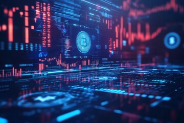 A futuristic digital landscape filled with cryptocurrency graphs and symbols. This image embodies innovation and technology. Perfect for finance and tech projects. Generative AI