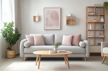 Minimalist living room with a sofa, bookcase, and coffee table in light gray tones
