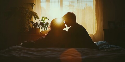 Silhouetted couple on a bed with sunlight.