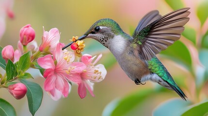 Fototapeta premium Ruby-throated hummingbird feeding from a flower, with emphasis on its vivid throat and wings on a white background