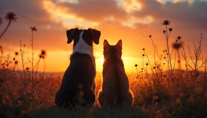A dog and cat sitting together in a field, watching a beautiful and colorful sunset, symbolizing companionship, tranquility and the beauty of nature in harmony.