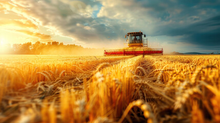 Fototapeta premium Combine harvester working on a wheat field at sunset. Agriculture machinery harvesting grain crop on rural farmland, countryside of farming occupation success
