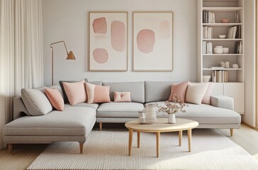 Minimalist living room with a sofa, bookcase, and coffee table in light gray tones