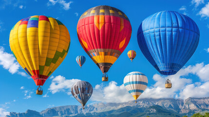Fototapeta premium Colorful hot air balloons flying in blue sky mountains. Adventure travel in rainbow. Freedom journey high. Beautiful morning flight. Aerial view valley. Excitement discovery.