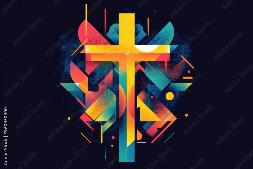 Wall mural graphic design for a t-shirt featuring an abstract cross, with geometric shapes and bold colors, representing the spiritual dimension in Christian art Generative AI