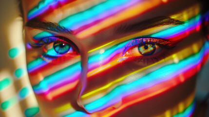 Portrait a beautiful girl with multicolored lights. Colorful neon face, bright eyes glowing, attractive female model with fluorescent paint, fashionable beauty