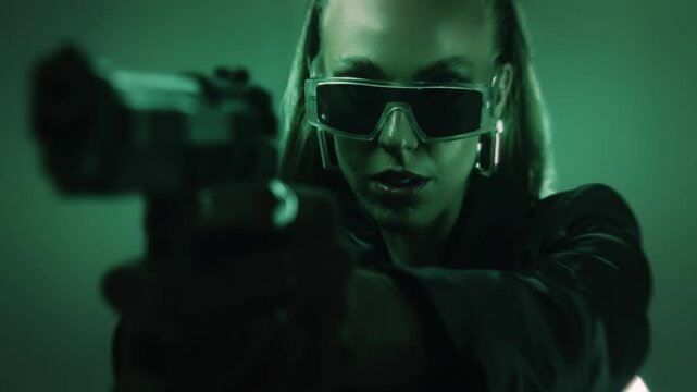 Dangerous badass woman in a leather outfit and sunglasses aiming with an m9 handgun