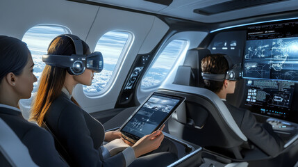 Depict the crew using advanced wearable technology, such as smart glasses or tablets, to manage cabin operations, assist passengers, and monitor the airplane&acirc;&euro;&trade;s systems in real time.