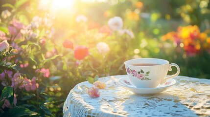 Fototapeta premium white porcelain teacup placed on a lace tablecloth in a sun-drenched garden