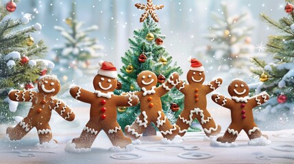 Festive Gingerbread Men Dancing in the Snow