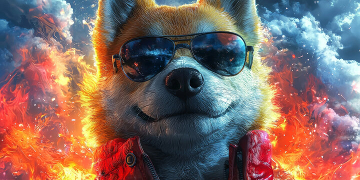 Cool dog in sunglasses, a fiery background.