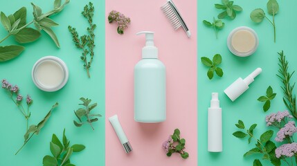 set of cosmetic products on color background