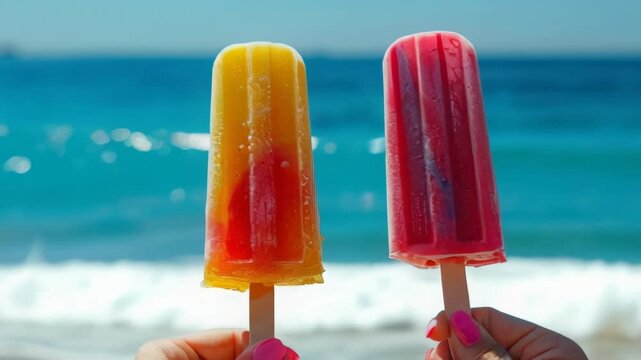 Vibrant popsicles floating with a colorful bokeh background. Ideal for summer and refreshment concepts.