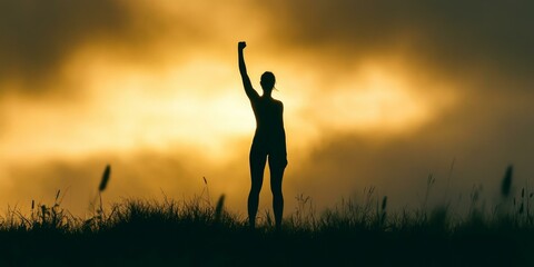 Silhouette of woman with fist raised at sunset.